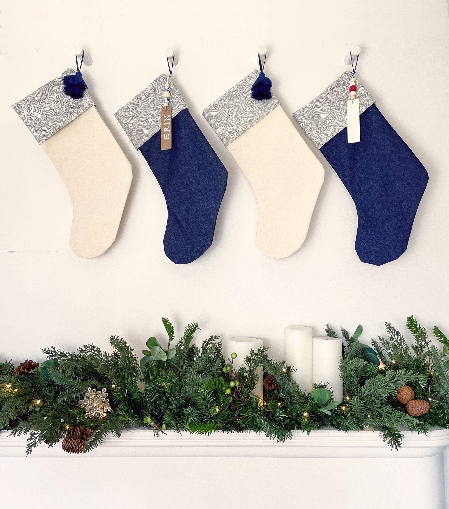 Modern Christmas Stockings in Seigaiha Print - Denim - Portmanteau Home
